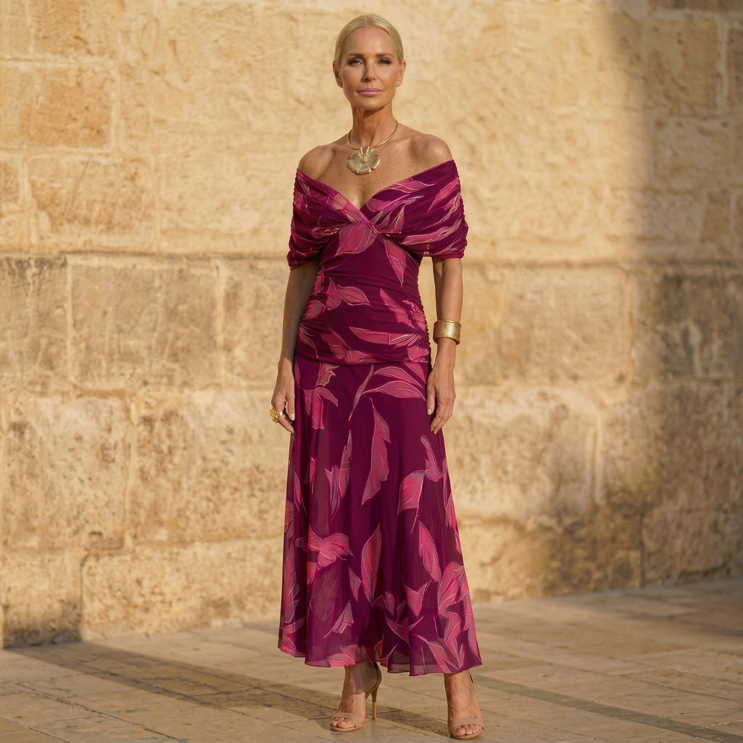 Celeste | Elegant Purple Leaf-Print Dress — Purple