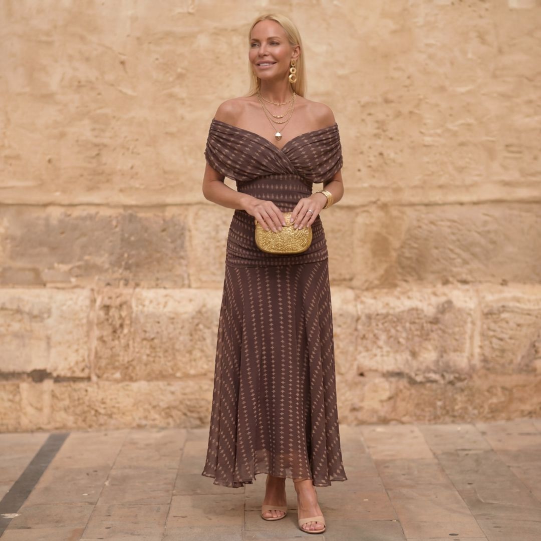 Sienna | Geometric Flowing Maxi Dress — Brown