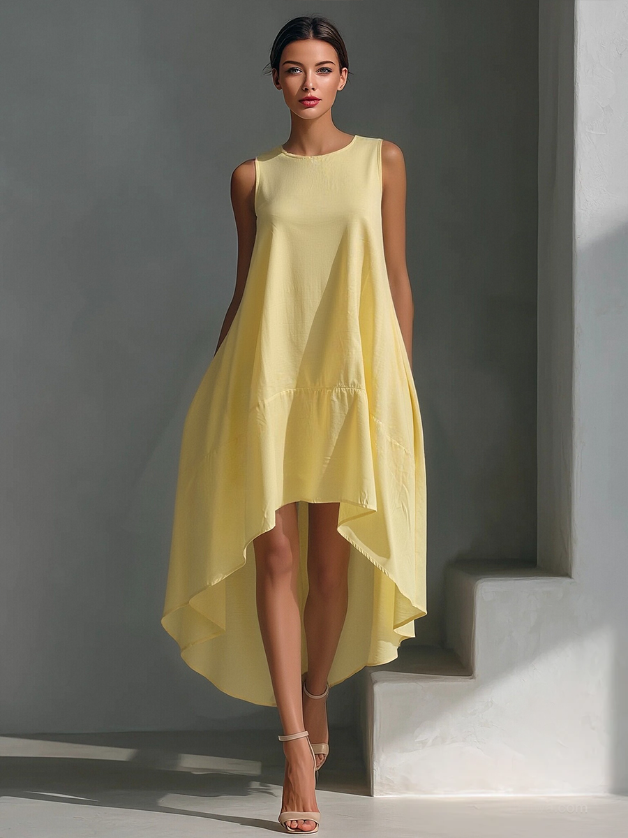 Women's White Linen Fabric Sleeveless Midi Dress With Round Neck & Asymmetric