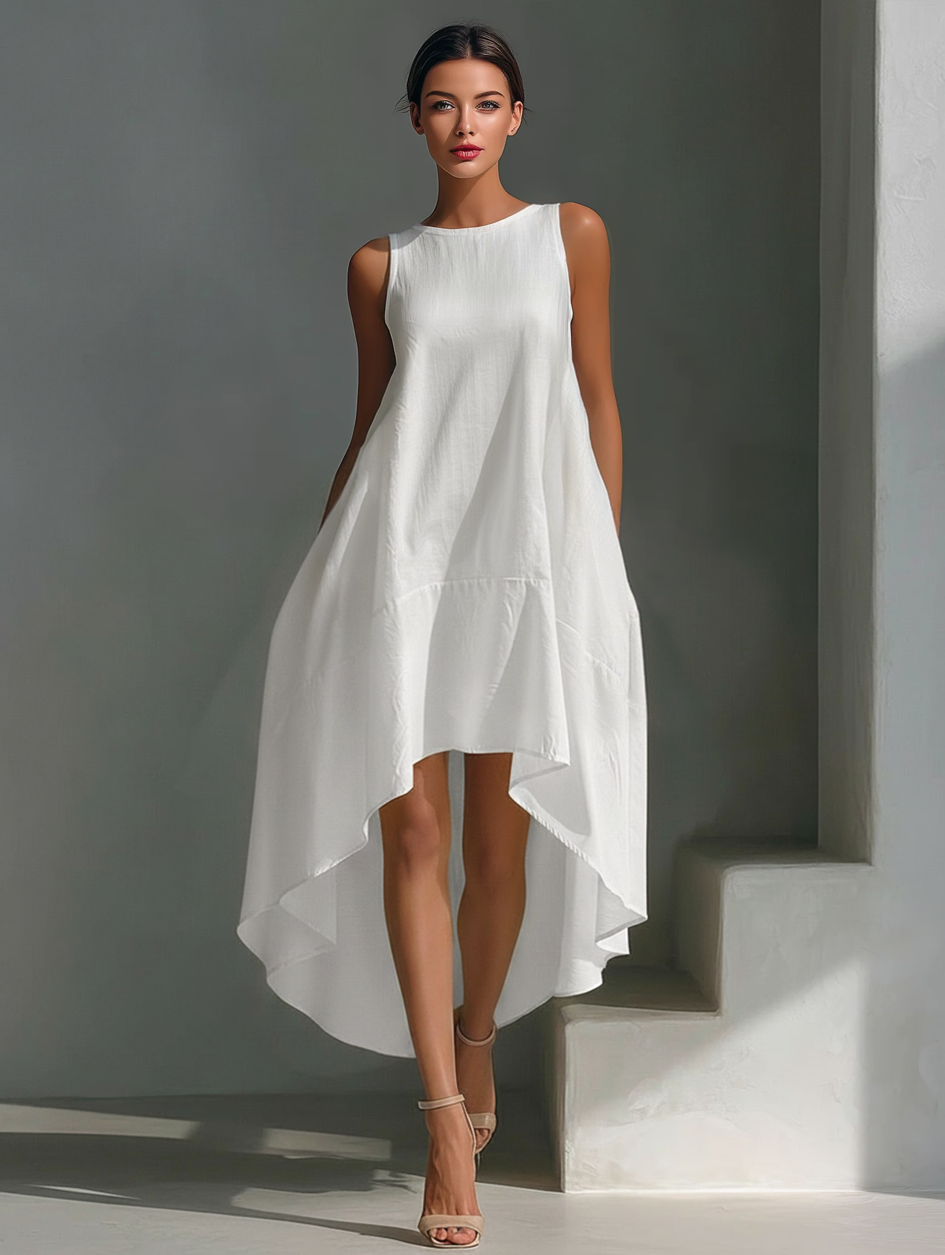 Women's White Linen Fabric Sleeveless Midi Dress With Round Neck & Asymmetric