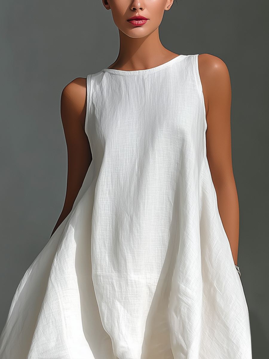 Women's White Linen Fabric Sleeveless Midi Dress With Round Neck & Asymmetric