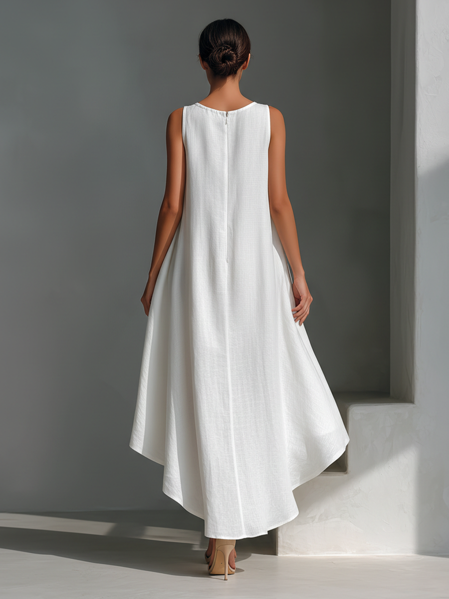 Women's White Linen Fabric Sleeveless Midi Dress With Round Neck & Asymmetric