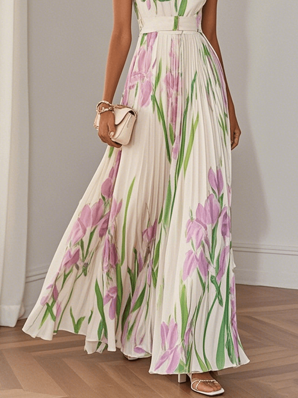 Pleated Floral Chiffon Square-Neck Maxi Dress — White