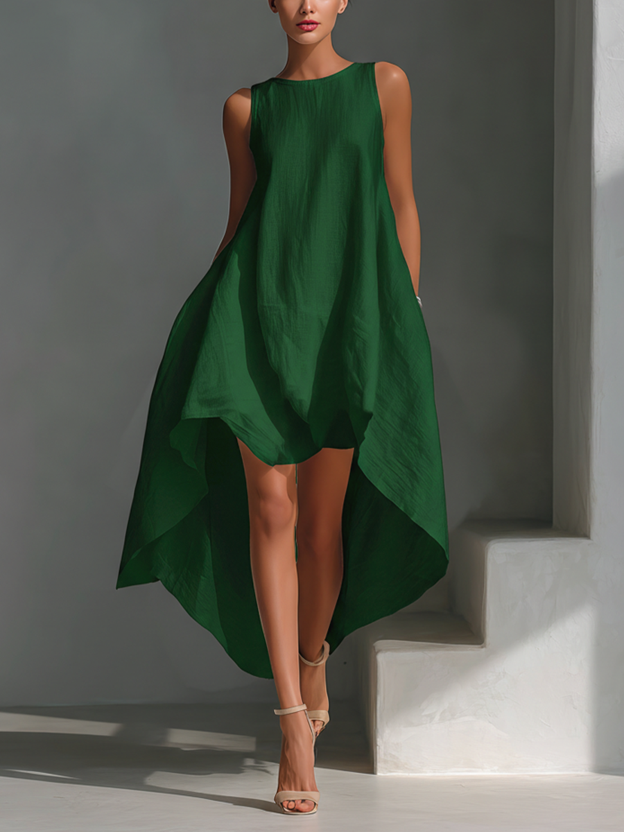 Women's White Linen Fabric Sleeveless Midi Dress With Round Neck & Asymmetric