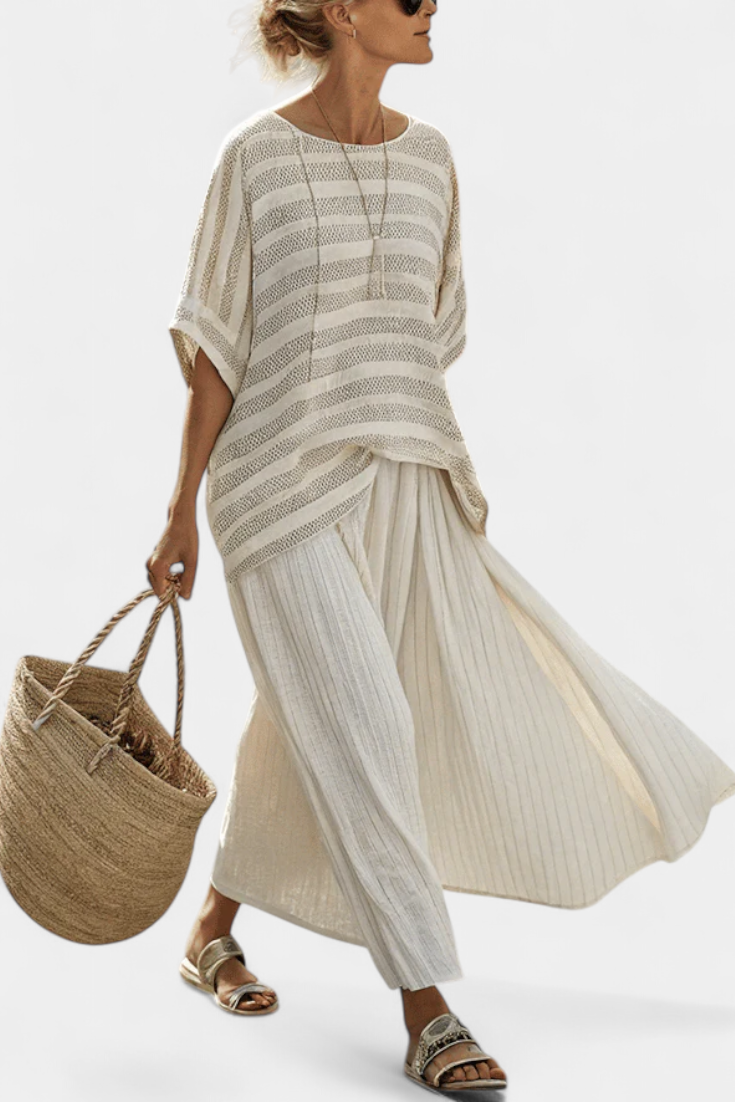 Graziella — Top Striped Bamboo Natural & Trousers Linen Flowing