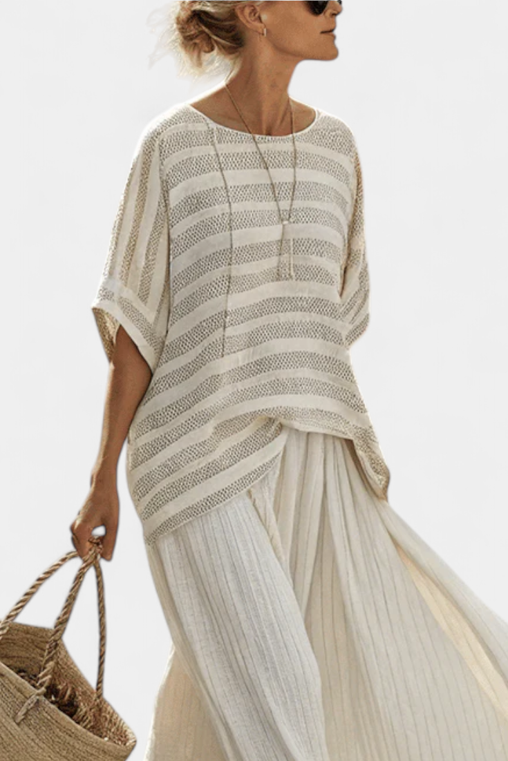 Graziella — Top Striped Bamboo Natural & Trousers Linen Flowing