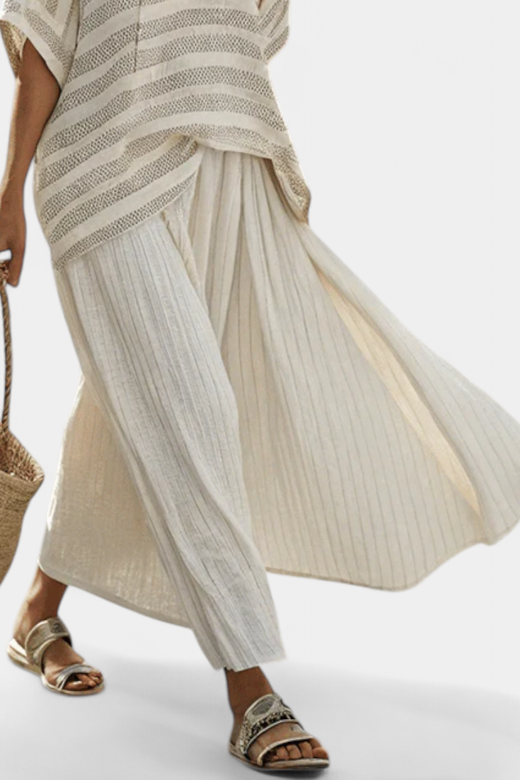 Graziella — Top Striped Bamboo Natural & Trousers Linen Flowing