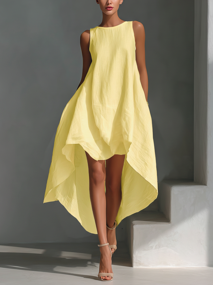 Women's White Linen Fabric Sleeveless Midi Dress With Round Neck & Asymmetric