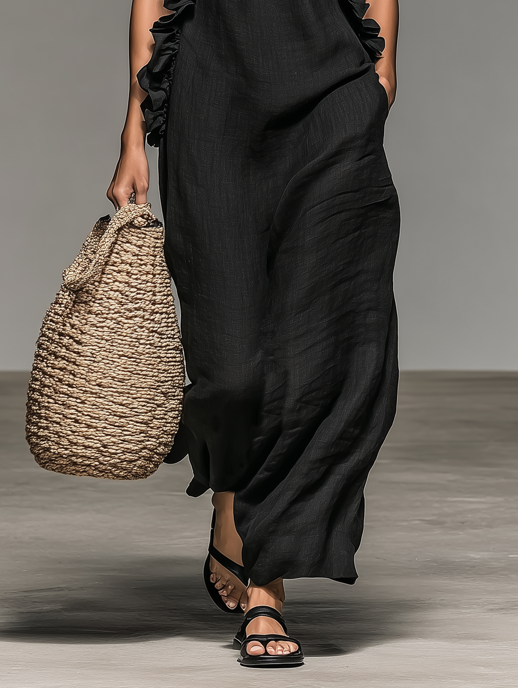 Women's Minimalist Linen-blend Sleeveless Maxi Dress With Ruffle