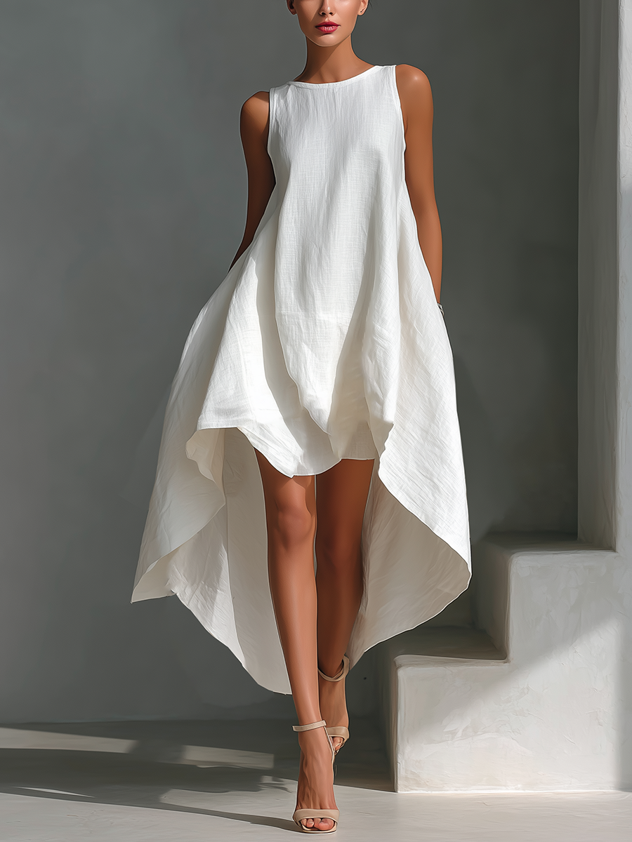 Women's White Linen Fabric Sleeveless Midi Dress With Round Neck & Asymmetric