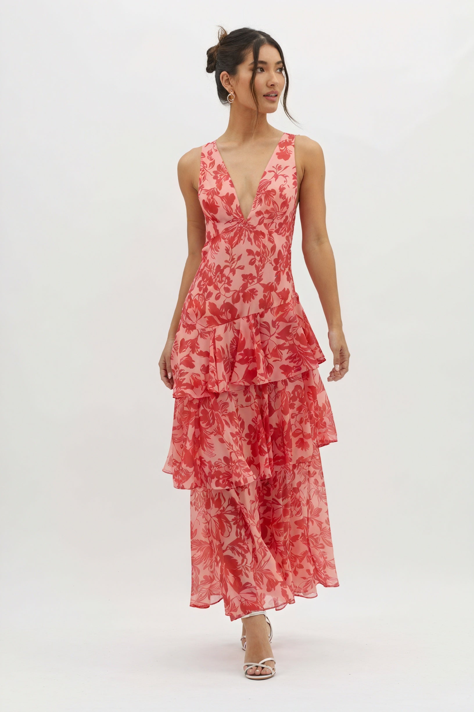 Floral Print Dress with Deep V-Neckline