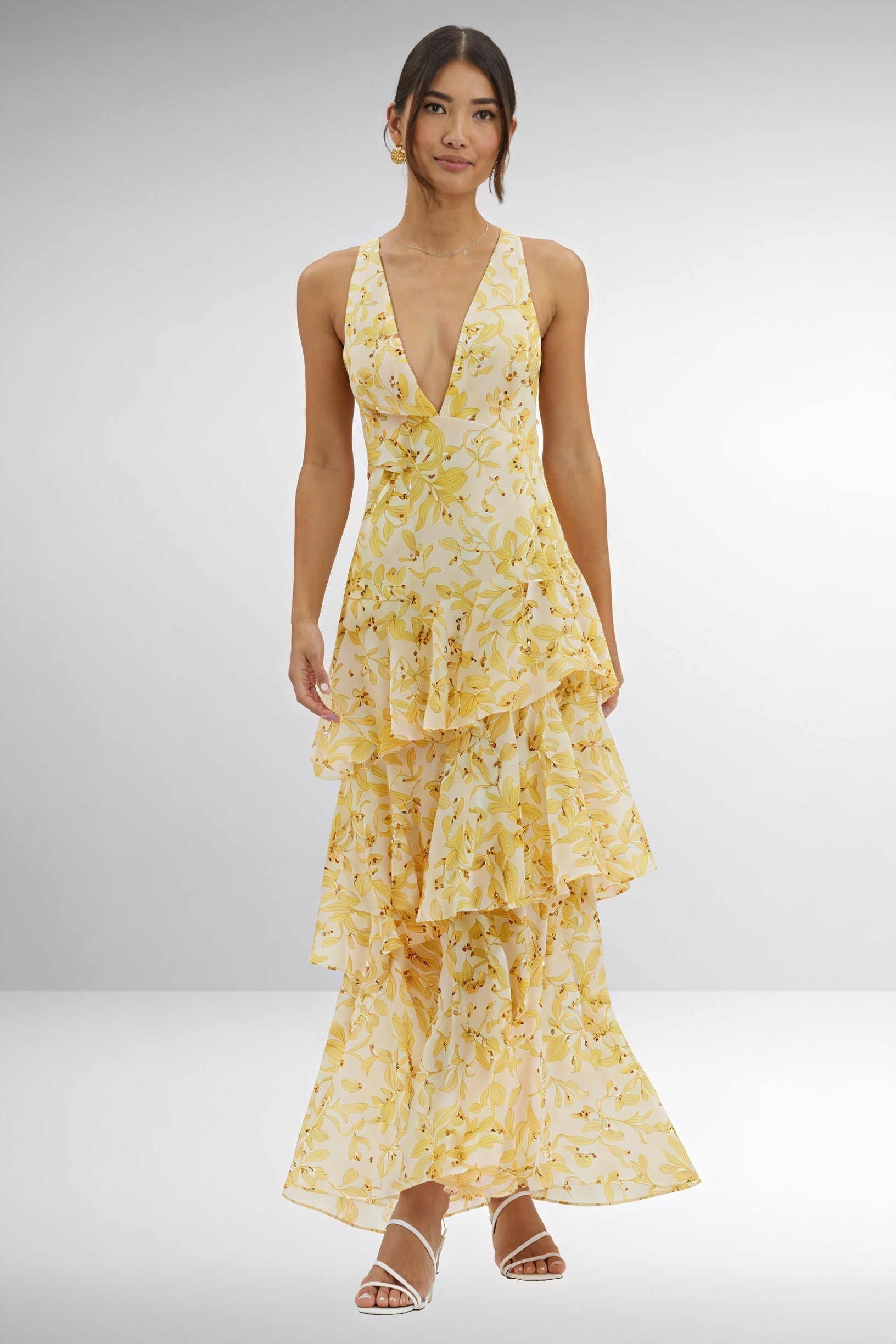 Floral Print Dress with Deep V-Neckline