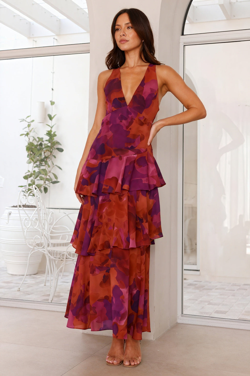 Floral Print Dress with Deep V-Neckline