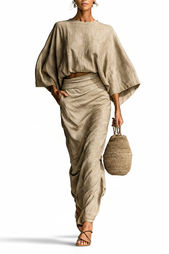 Linen Co-ord Set Elegant With Long Skirt