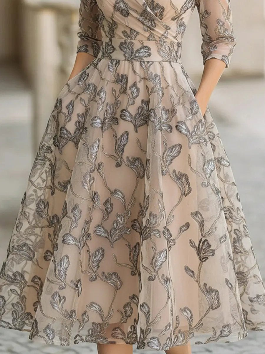Marceline | Embroidered Mesh Midi Dress