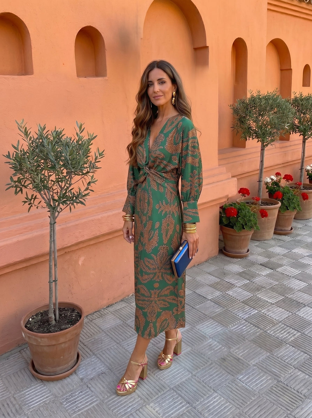 Silvia&trade; | Midi Printed Dress with V-Neckline