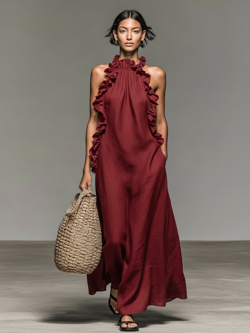 Women's Minimalist Linen-blend Sleeveless Maxi Dress With Ruffle