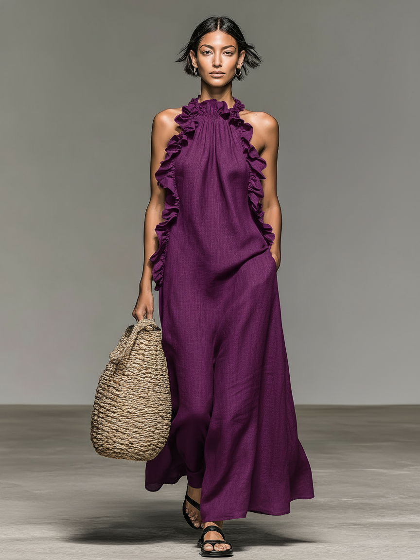 Women's Minimalist Linen-blend Sleeveless Maxi Dress With Ruffle
