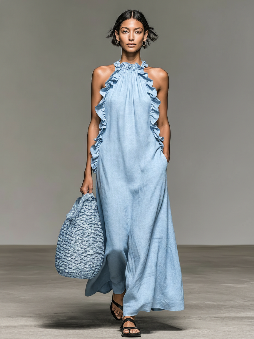 Women's Minimalist Linen-blend Sleeveless Maxi Dress With Ruffle