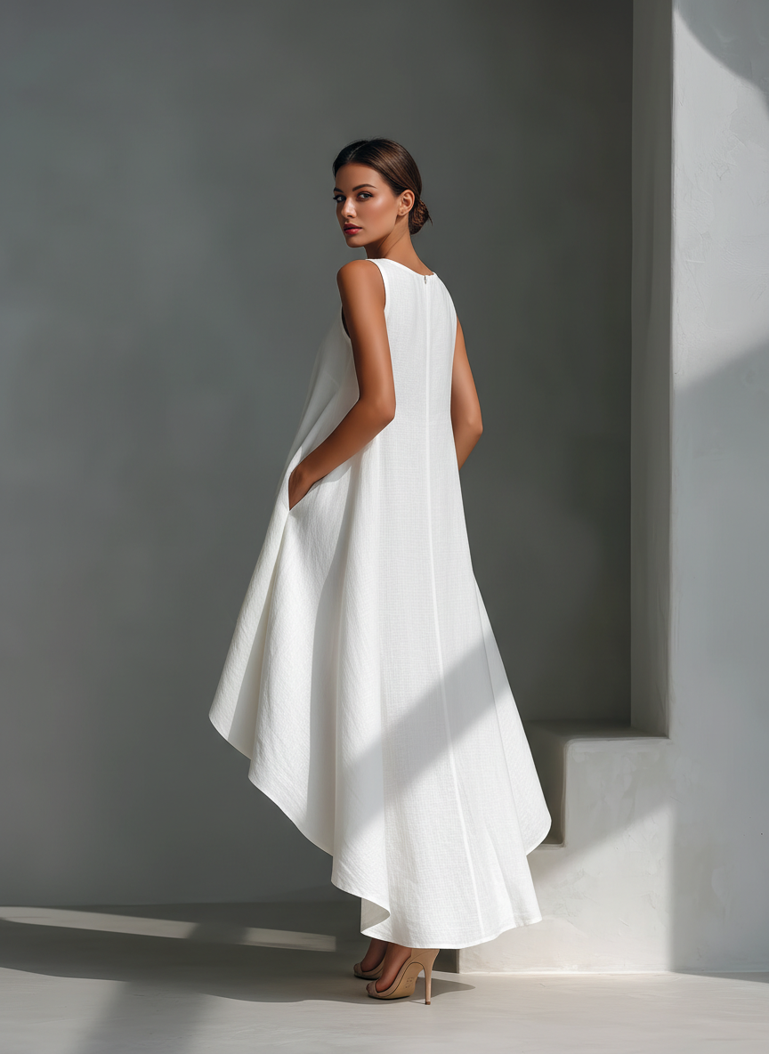 Women's White Linen Fabric Sleeveless Midi Dress With Round Neck & Asymmetric