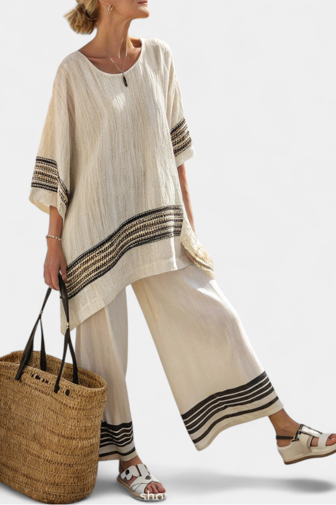 Mariella — Top Elegant Linen With Black Stripes & Flowing Trousers