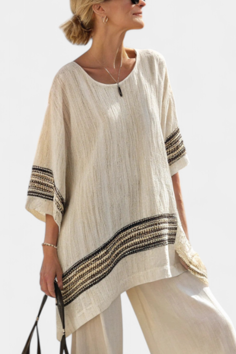 Mariella — Top Elegant Linen With Black Stripes & Flowing Trousers