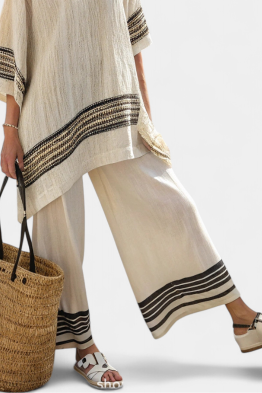 Mariella — Top Elegant Linen With Black Stripes & Flowing Trousers