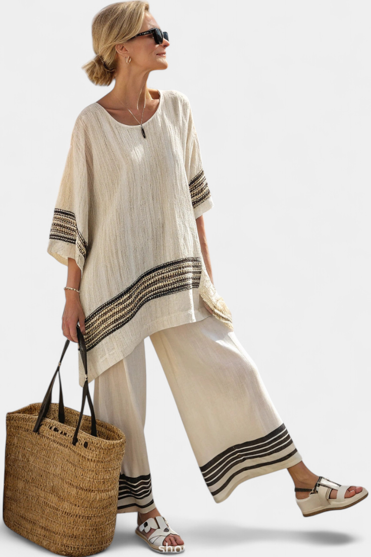 Mariella — Top Elegant Linen With Black Stripes & Flowing Trousers