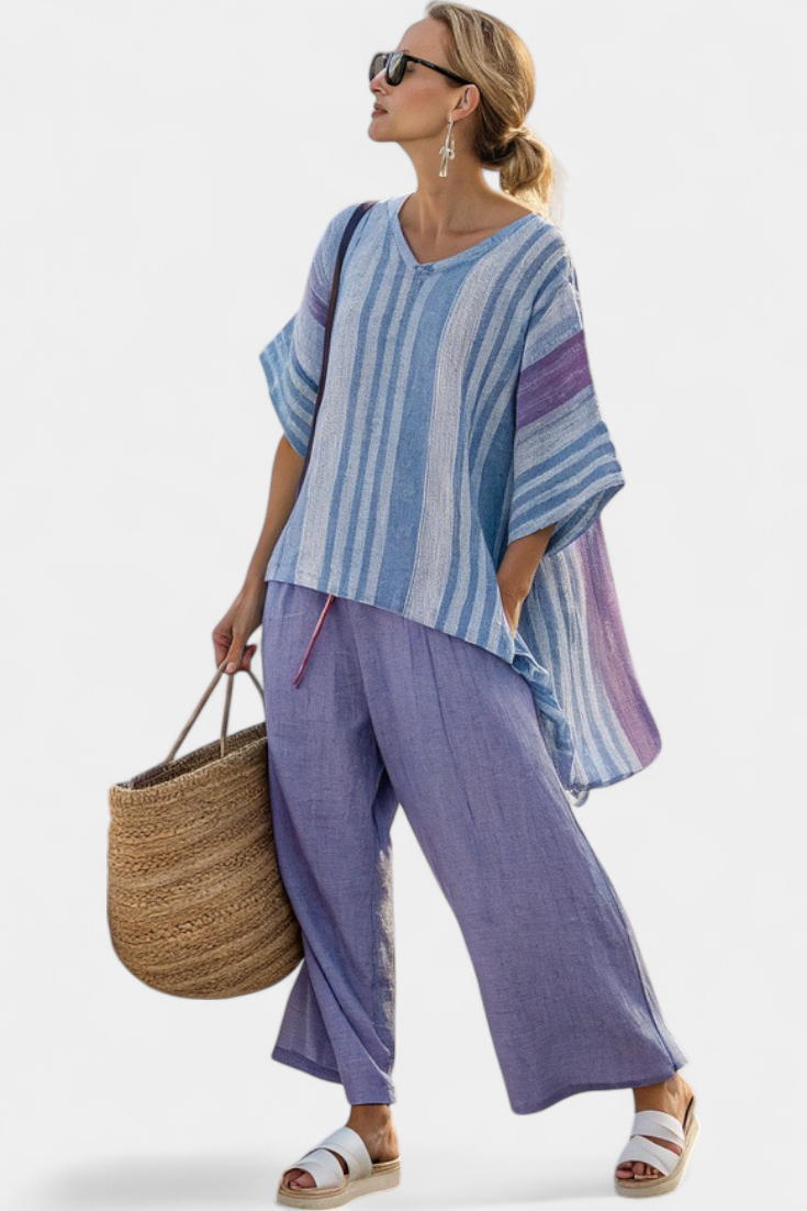Carlotta – Top Elegant in Lavender & Sky Blue With Trousers Linen