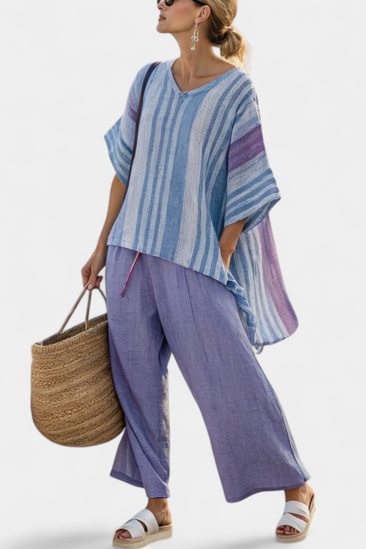 Carlotta – Top Elegant in Lavender & Sky Blue With Trousers Linen