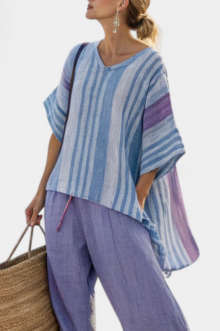 Carlotta – Top Elegant in Lavender & Sky Blue With Trousers Linen