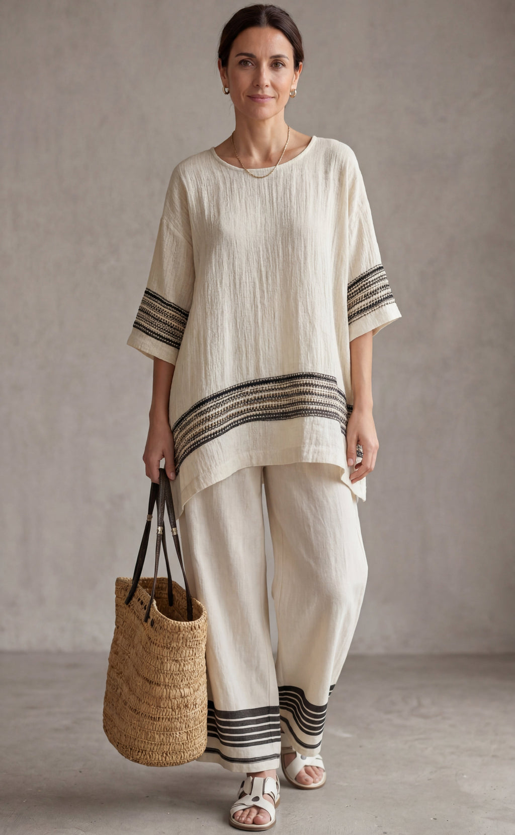 Mariella — Top Elegant Linen With Black Stripes & Flowing Trousers