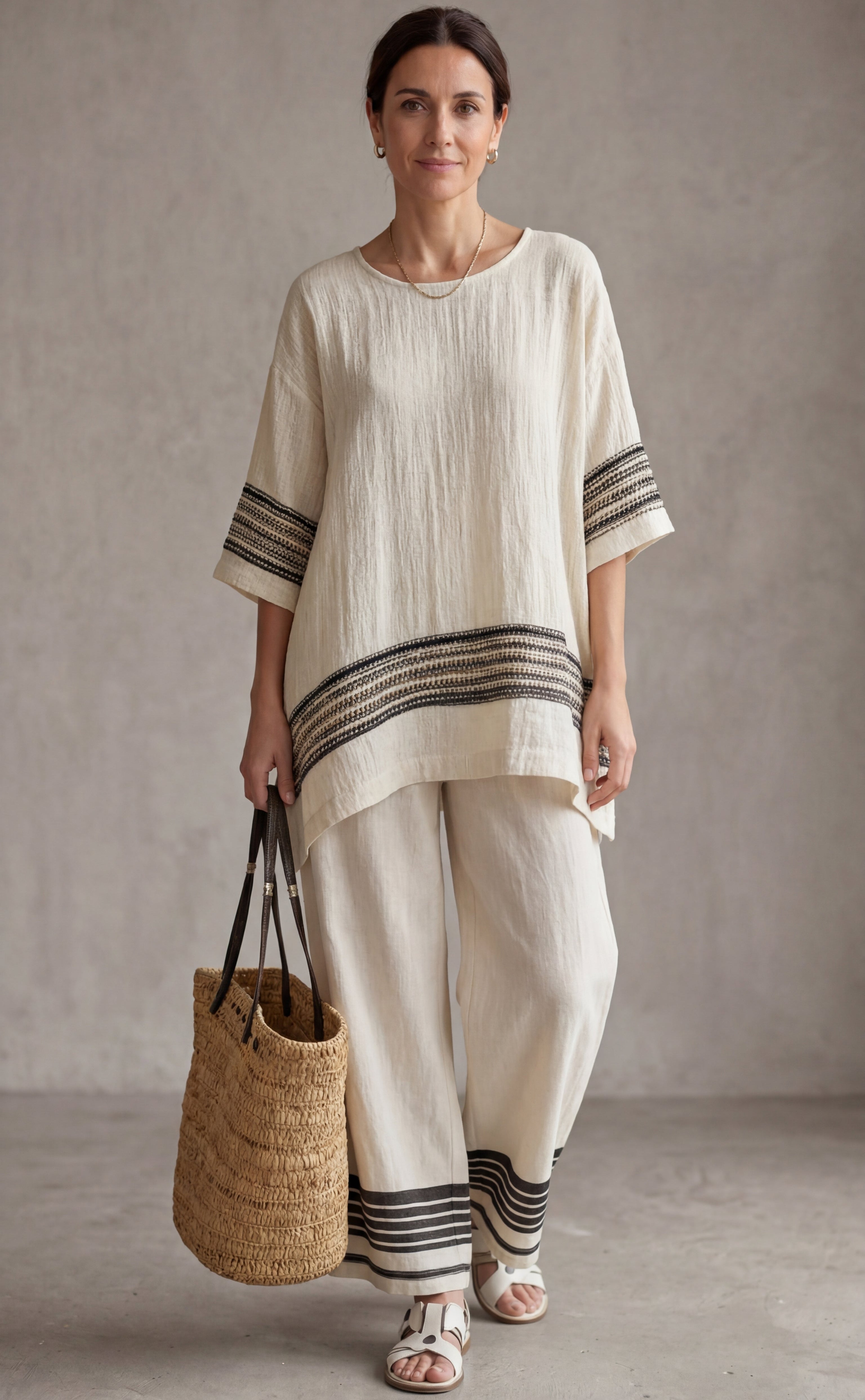 Mariella — Top Elegant Linen With Black Stripes & Flowing Trousers