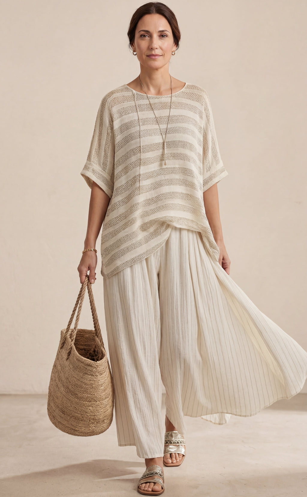 Graziella — Top Striped Bamboo Natural & Trousers Linen Flowing