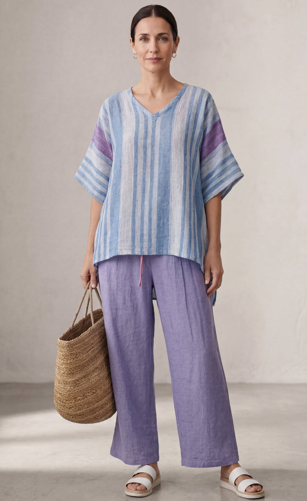 Carlotta – Top Elegant in Lavender & Sky Blue With Trousers Linen