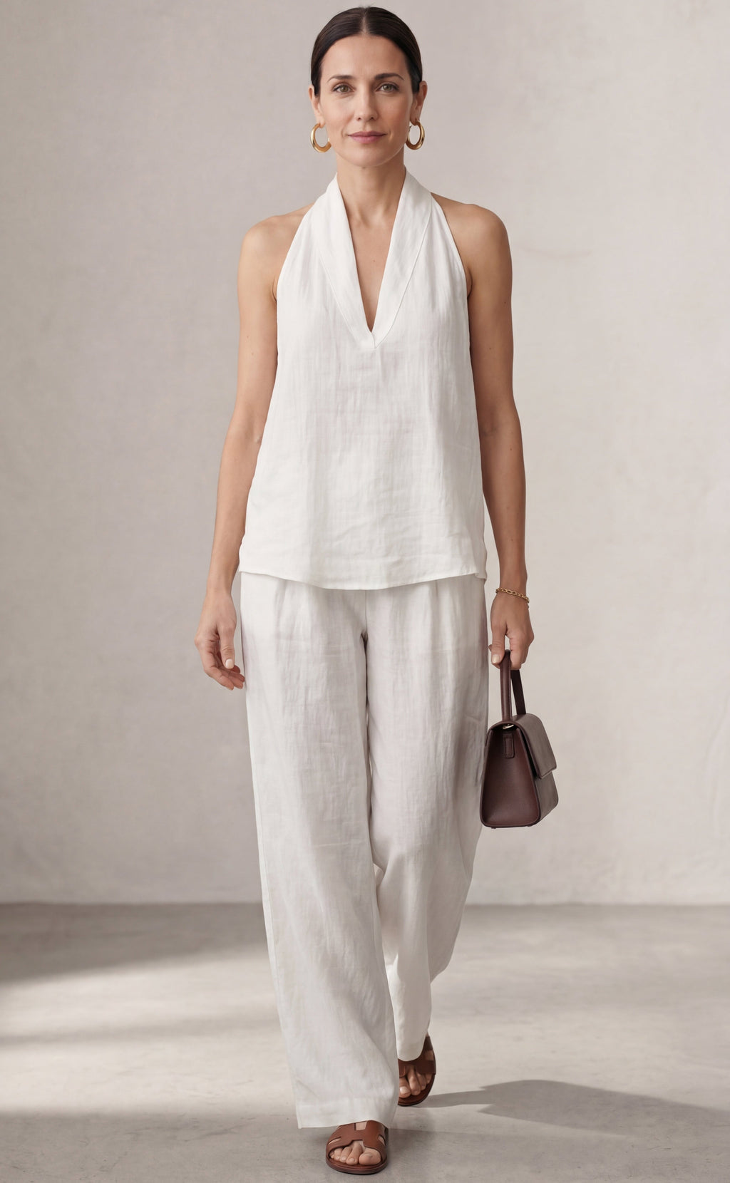 Linen Co-ord Set With V-Neck & Trousers Flowing