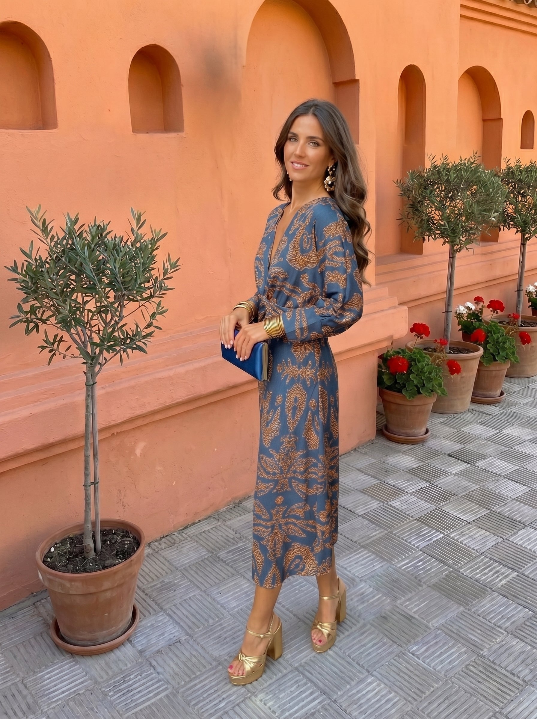 Silvia&trade; | Midi Printed Dress with V-Neckline