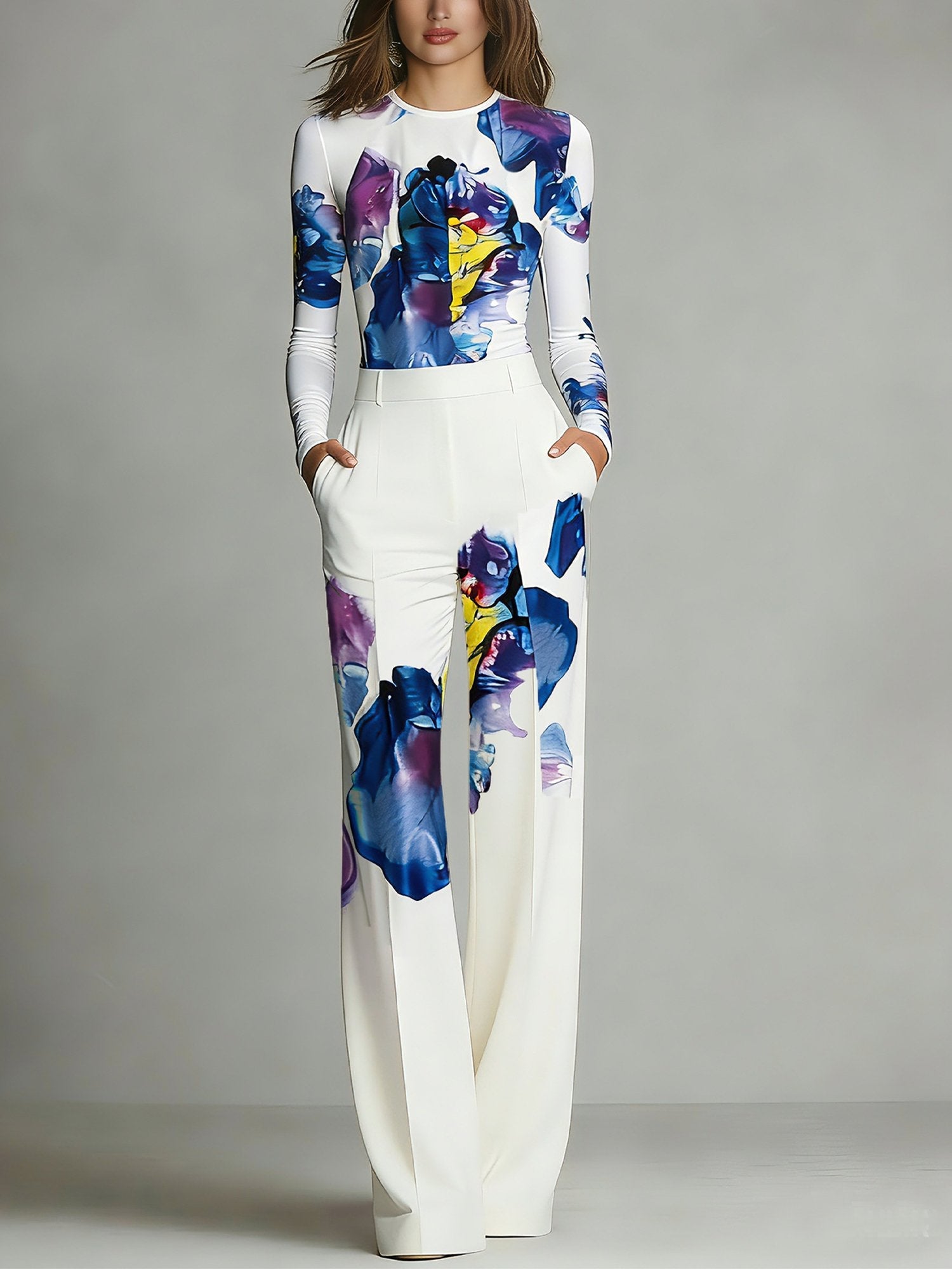 Colour-Blocked Print Top & Trousers Set — White