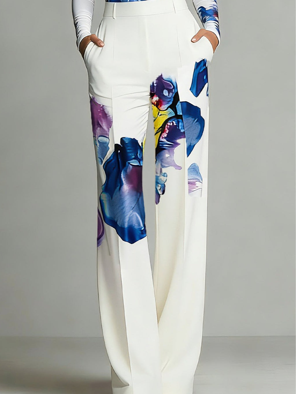 Colour-Blocked Print Top & Trousers Set — White