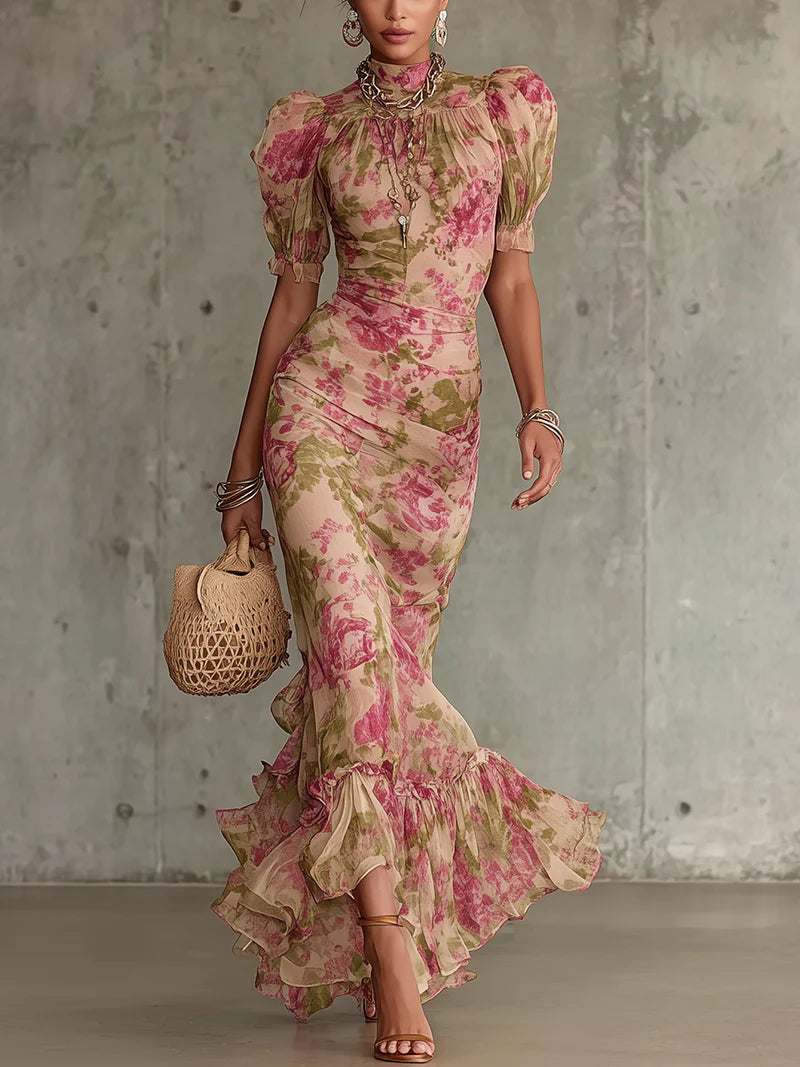 Rose Print Maxi Dress With Puff Sleeves（Accessories not included）