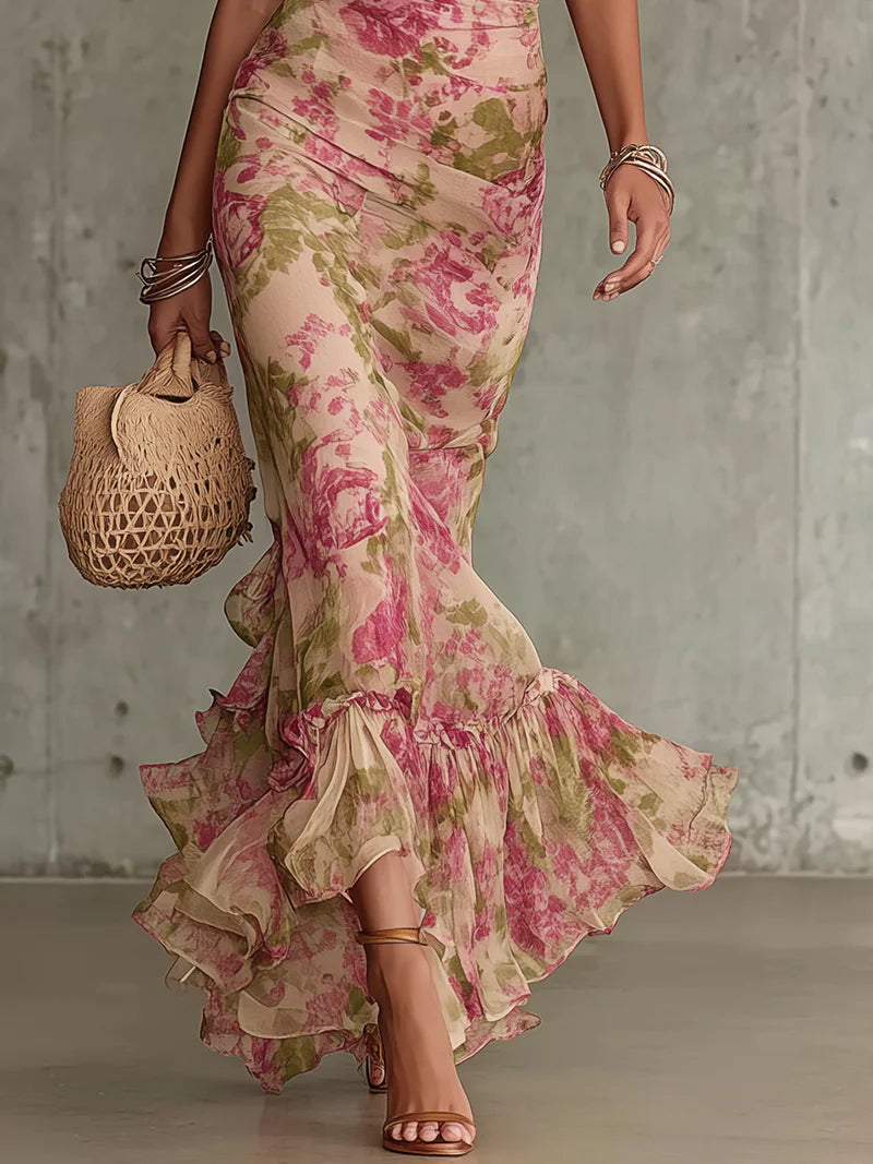 Vintage Rose Puff-Sleeve Maxi Dress — Pink