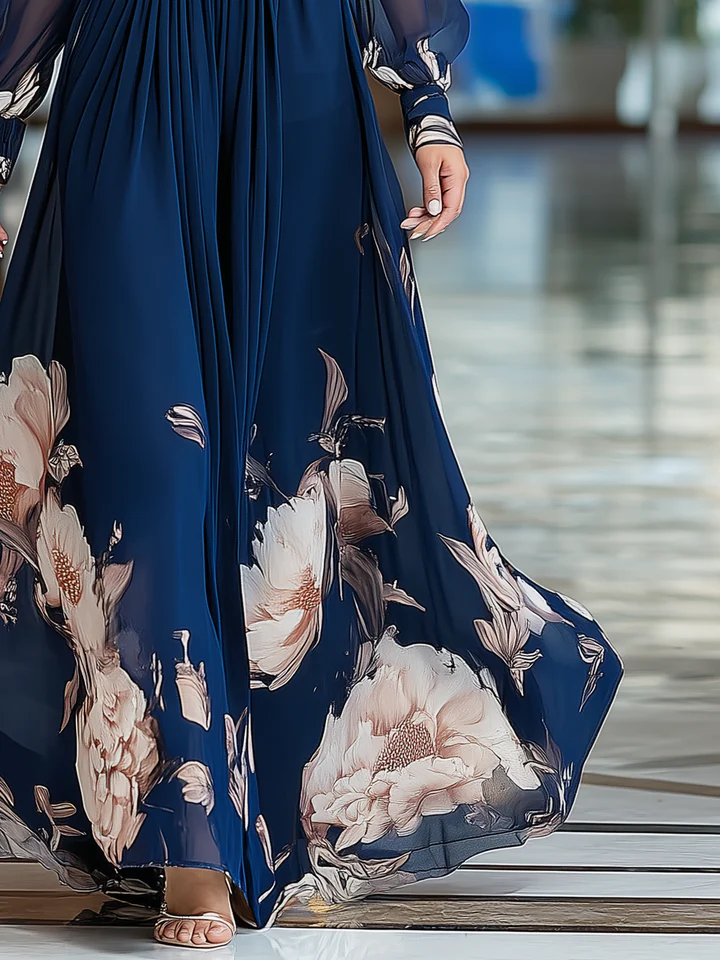 Navy Blue Tulle-Sleeve Floral Maxi Dress — Navy Blue