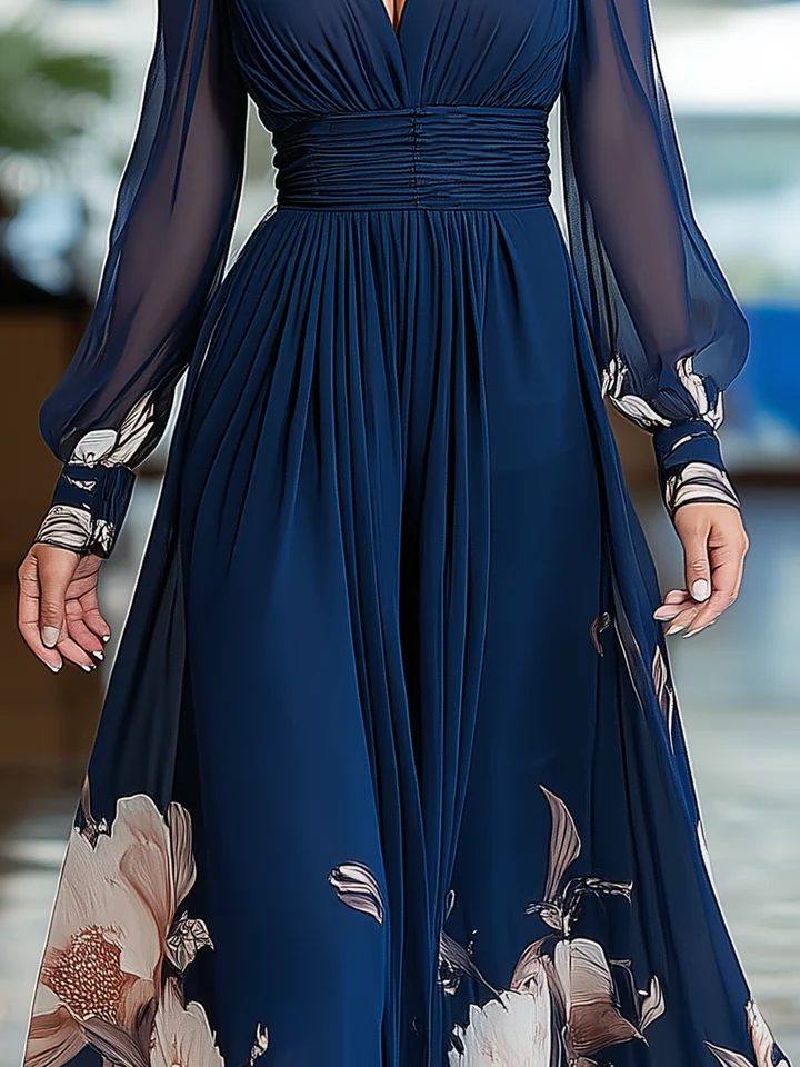 Navy Blue Tulle-Sleeve Floral Maxi Dress — Navy Blue