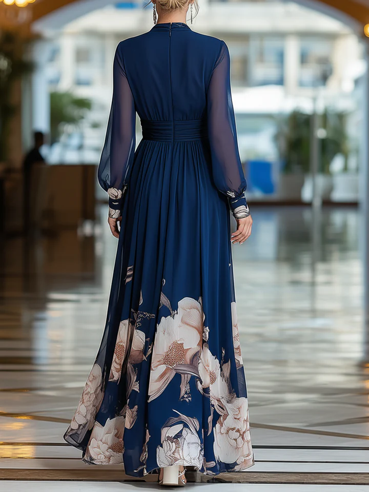 Navy Blue Tulle-Sleeve Floral Maxi Dress — Navy Blue