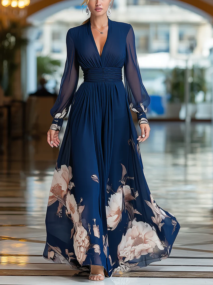 Navy Blue Tulle-Sleeve Floral Maxi Dress — Navy Blue
