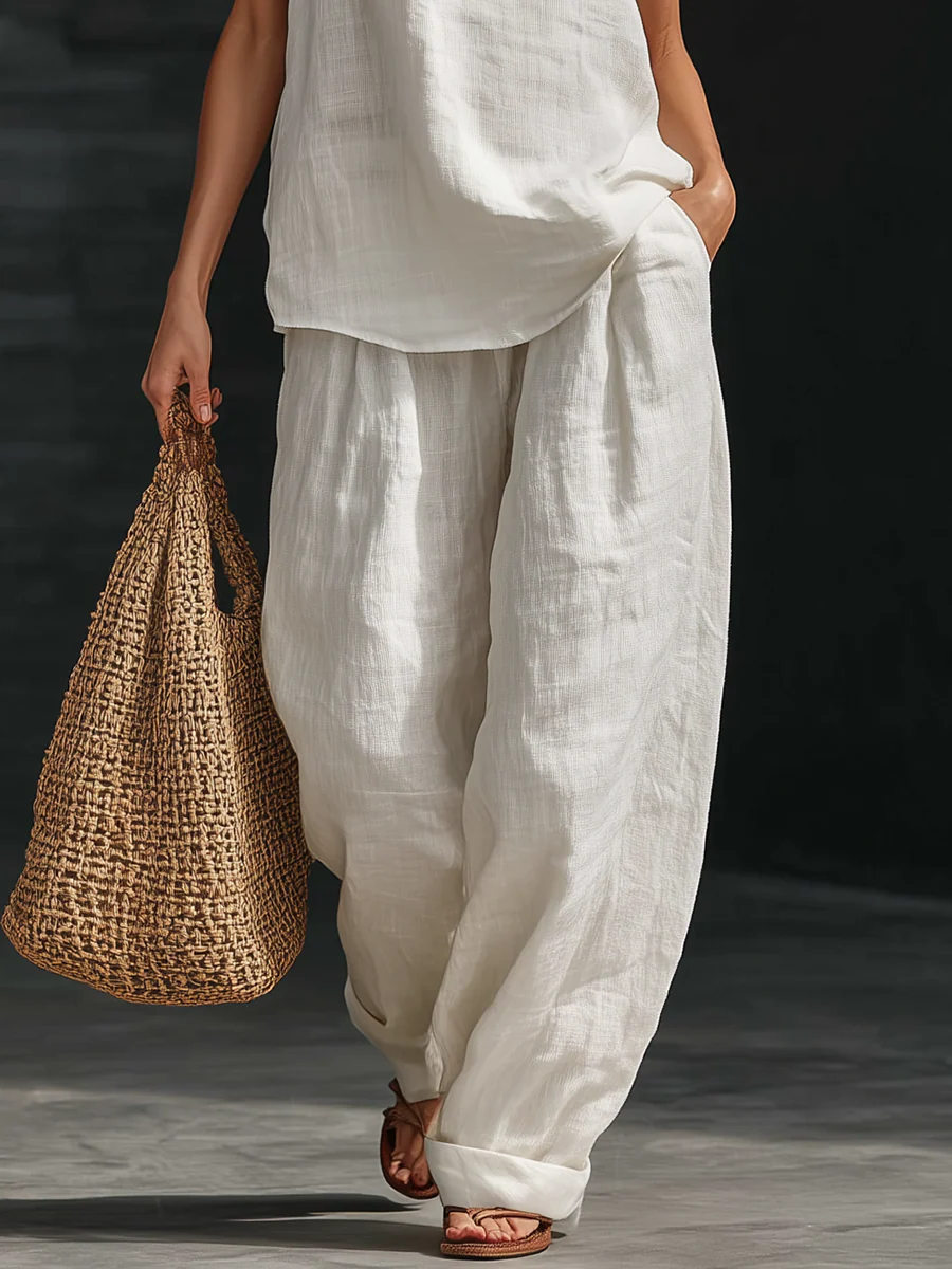 Linen Co-ord Set With V-Neck & Trousers Flowing