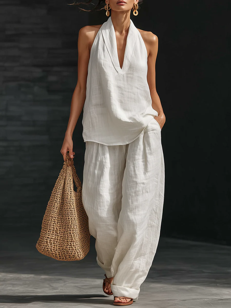 Linen Co-ord Set With V-Neck & Trousers Flowing