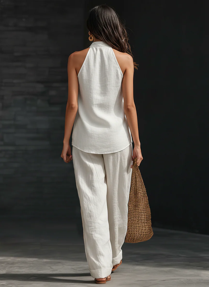 Linen Co-ord Set With V-Neck & Trousers Flowing