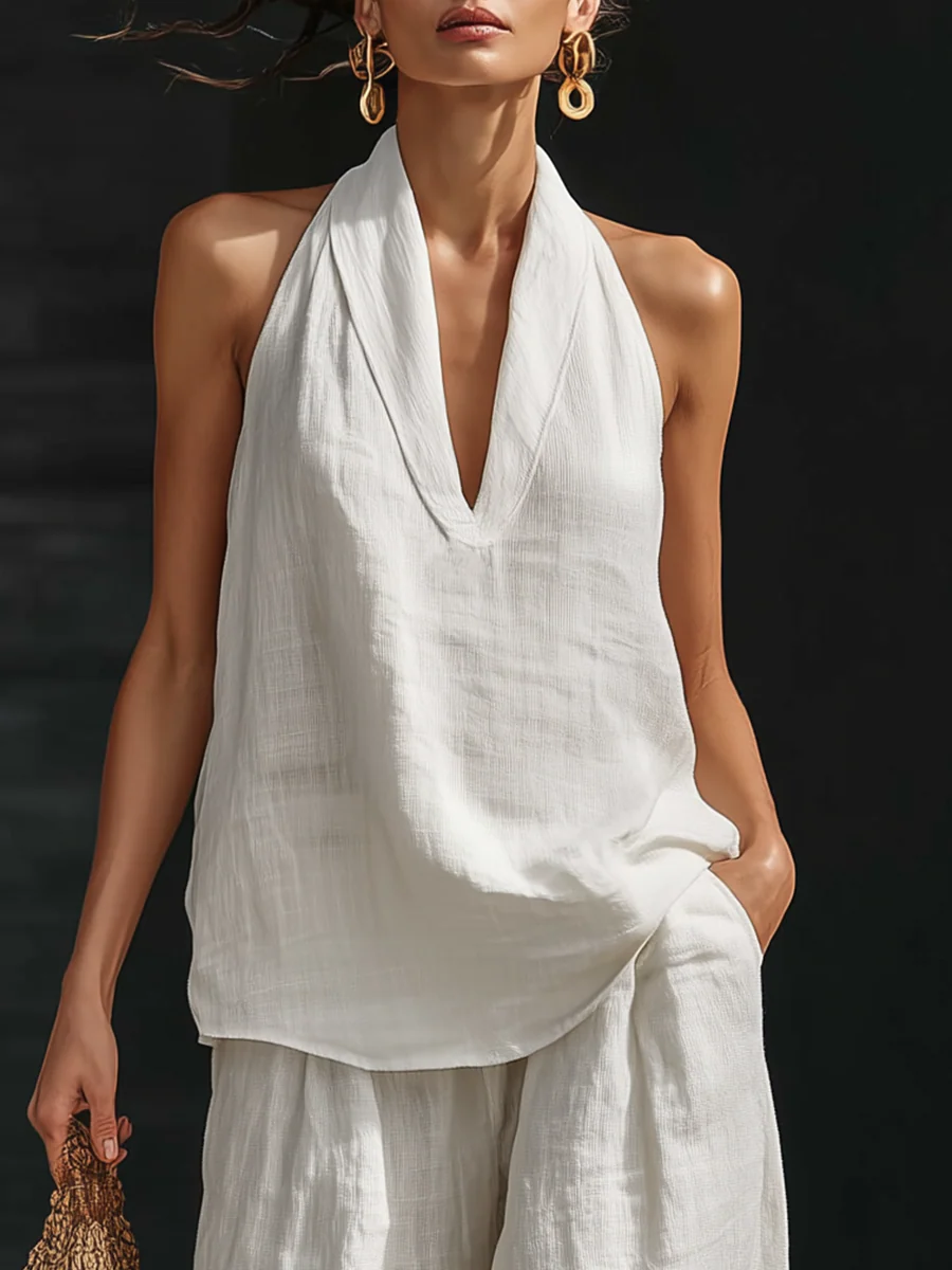 Linen Co-ord Set With V-Neck & Trousers Flowing