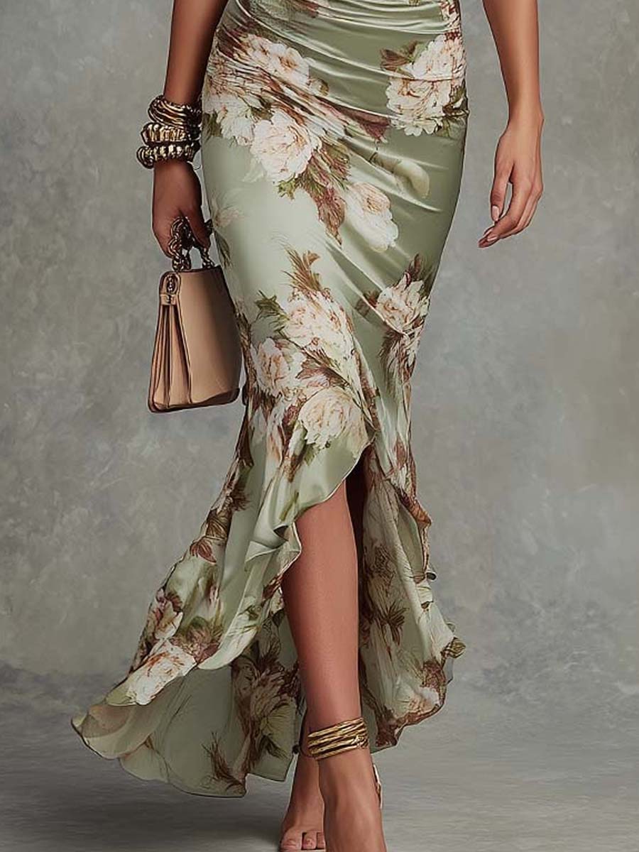 Green Floral Bell-Sleeve Satin Maxi Dress — Green